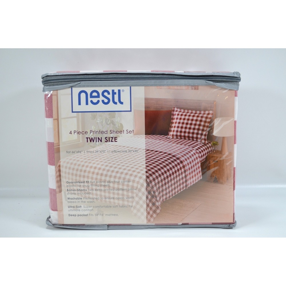 Nestl Extra Deep Pocket Twin Size Sheets Ultra Soft 4-Piece Set Red White Check
